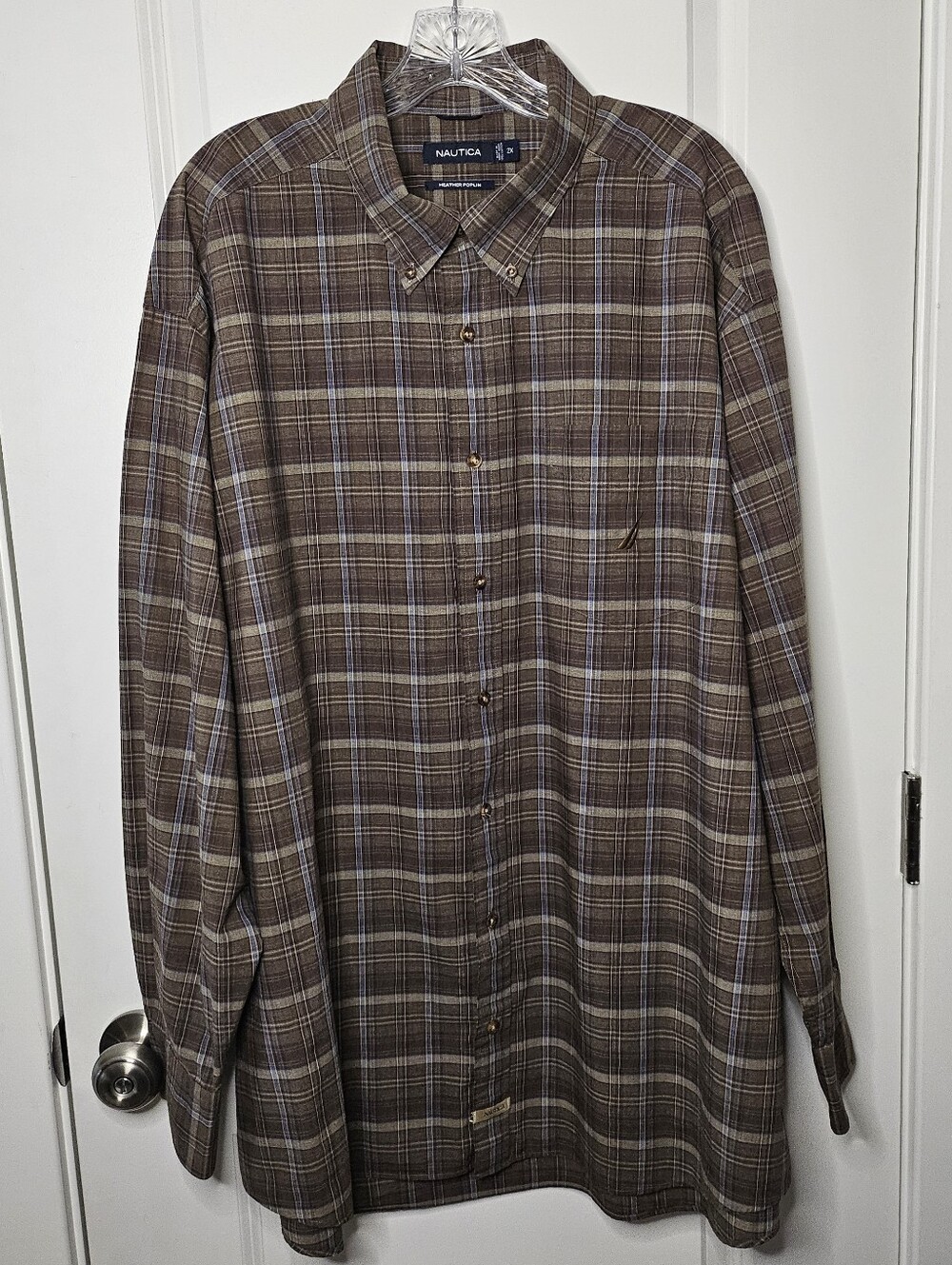 Nautica Cotton Poplin Plaid Button Down Shirt Brown Blue 2X Relaxed Fit Casual - Picture 4 of 14